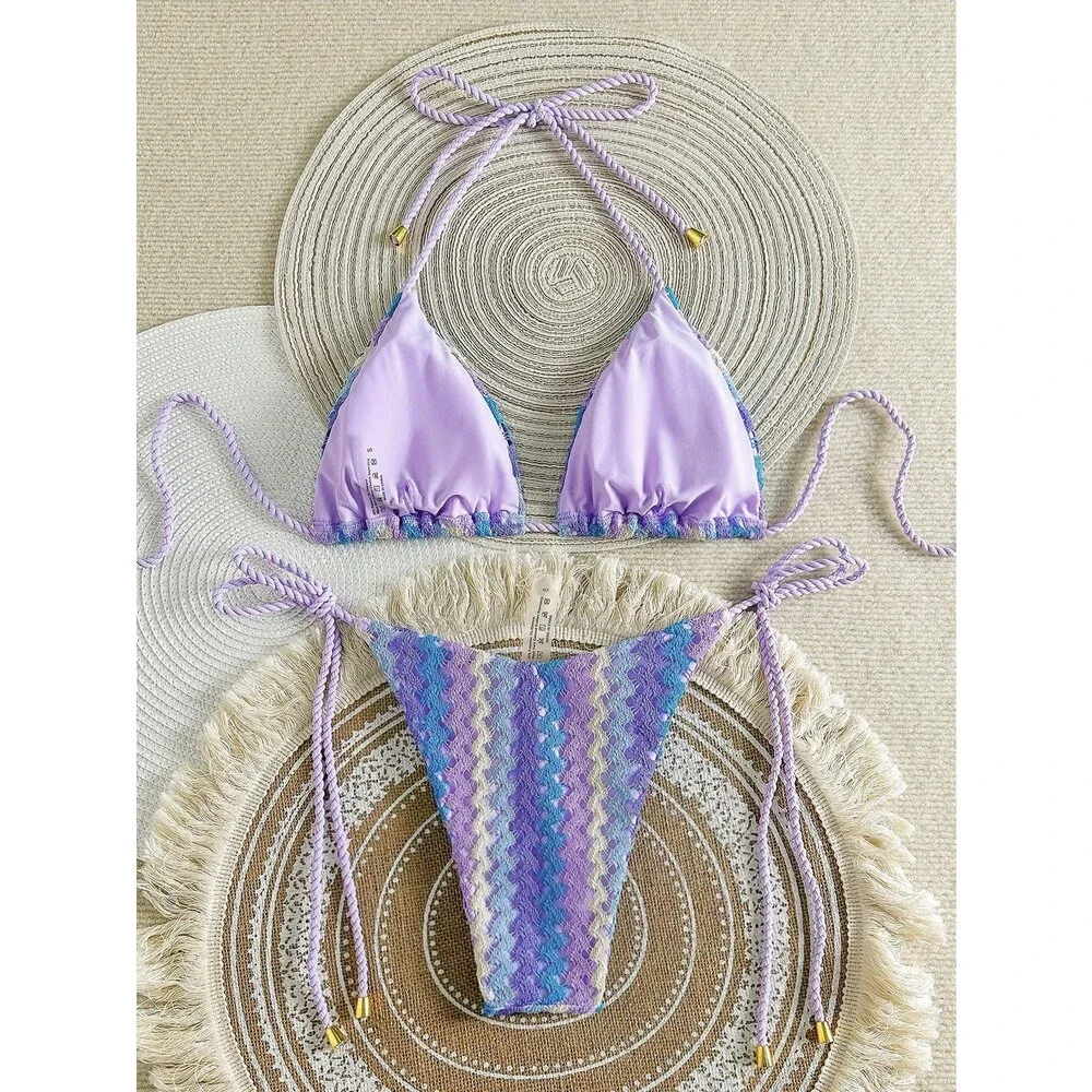 ZAFUL Women's Purple 2 Piece Triangle Bikini Knitted Rope Halter Sets Sexy S